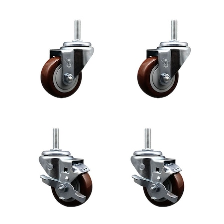 Service Caster 3 Inch Maroon Polyurethane Wheel Swivel 34 Inch Threaded Stem Caster Set 2 Brakes SCC SCC-TS20S314-PPUB-MRN-34212-2-TLB-2